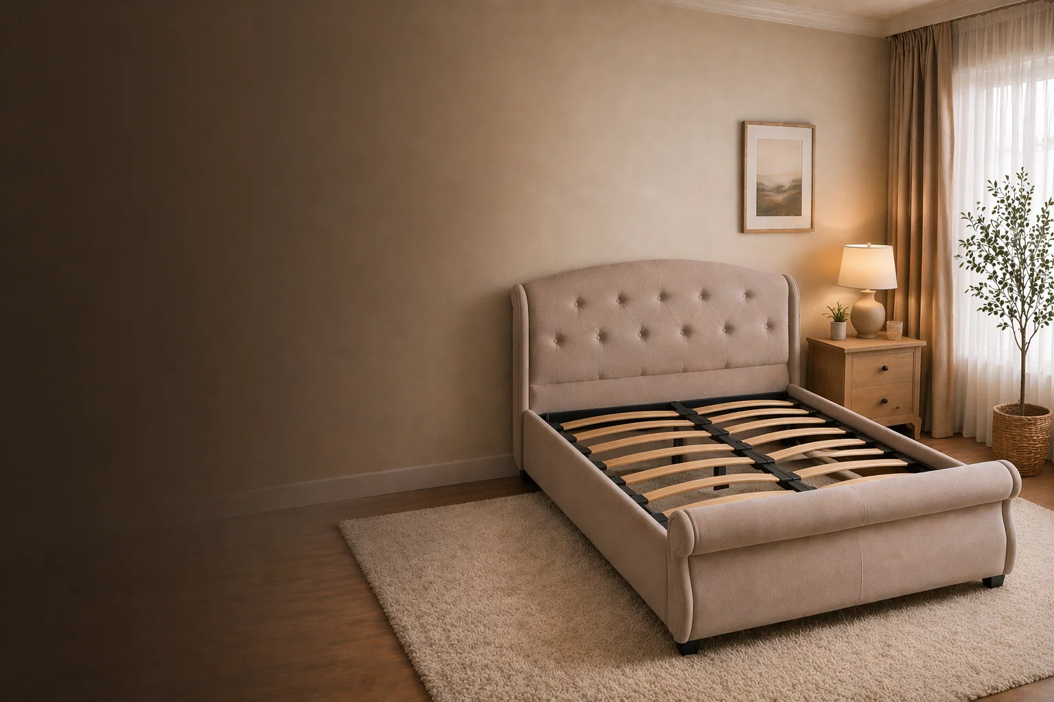 Upholstered bed frame in a modern UK bedroom with a premium, minimalist finish