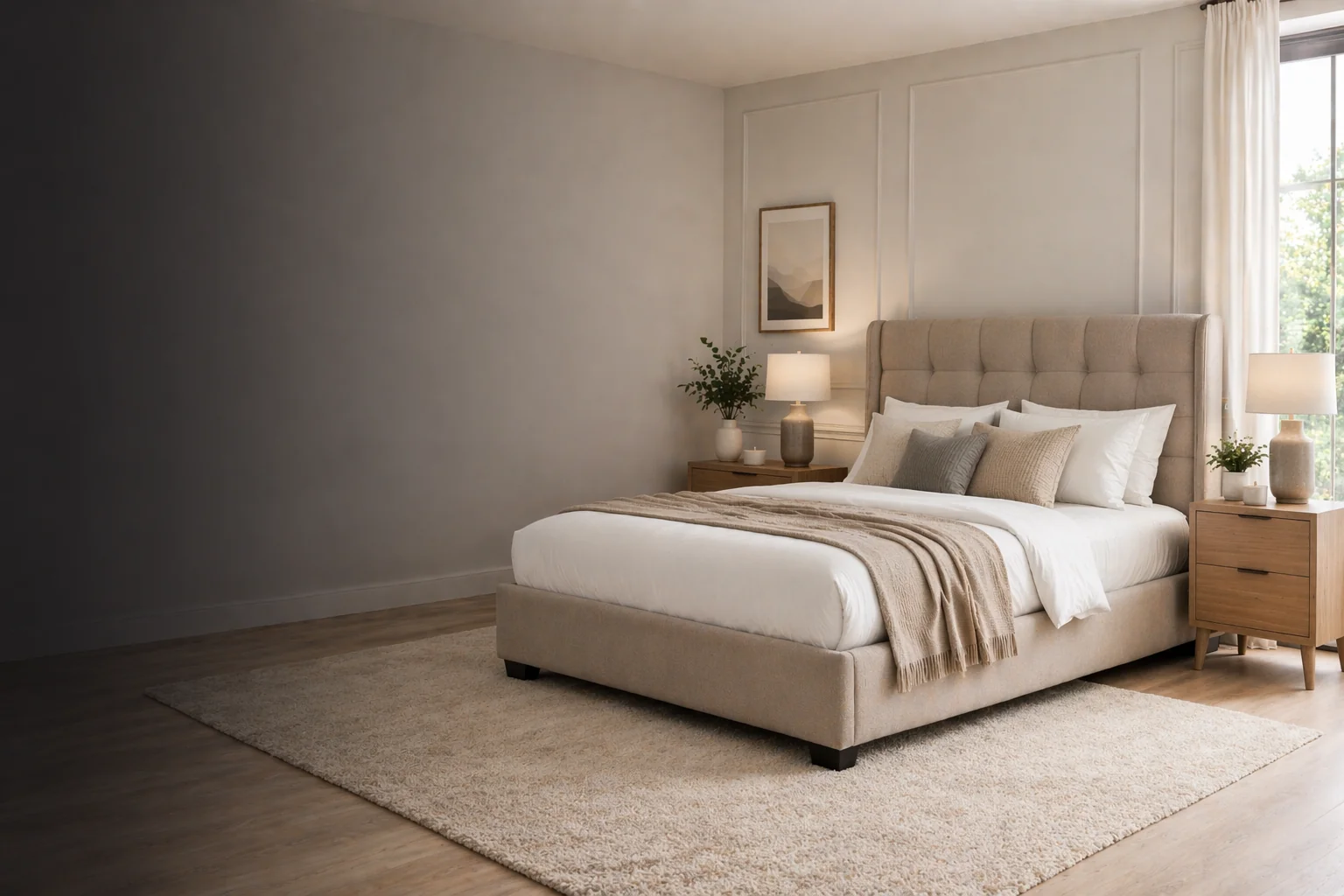 Modern upholstered bed in a bright UK bedroom with clean, neutral styling