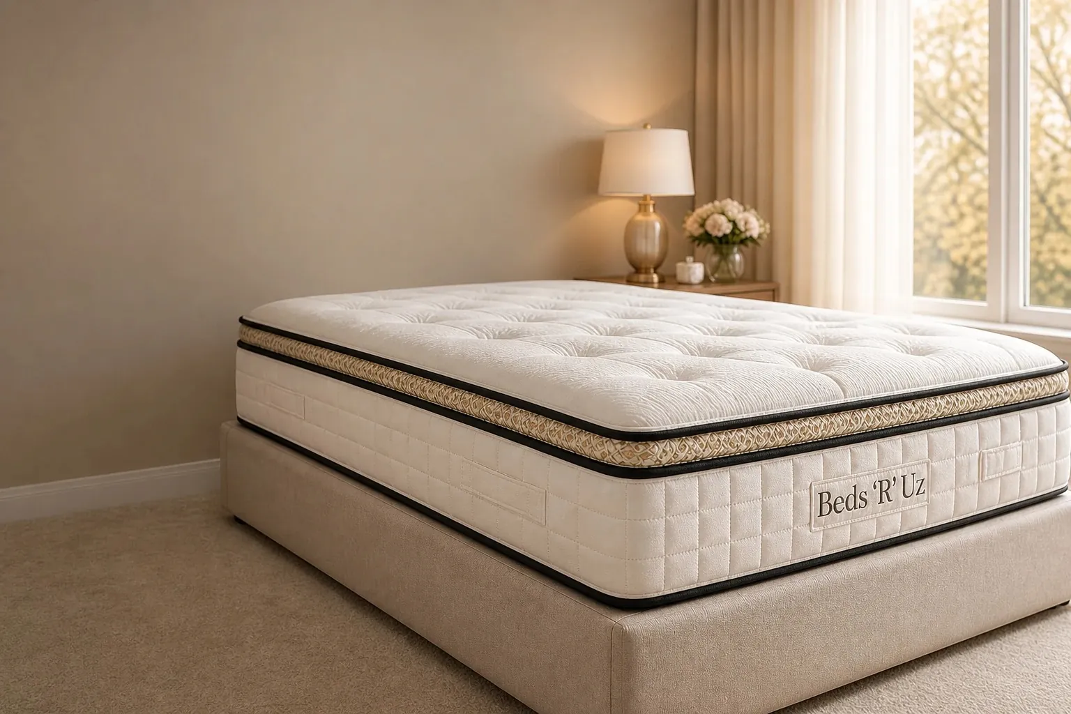 Premium mattress on a bed base in a modern UK bedroom setting with soft neutral tones