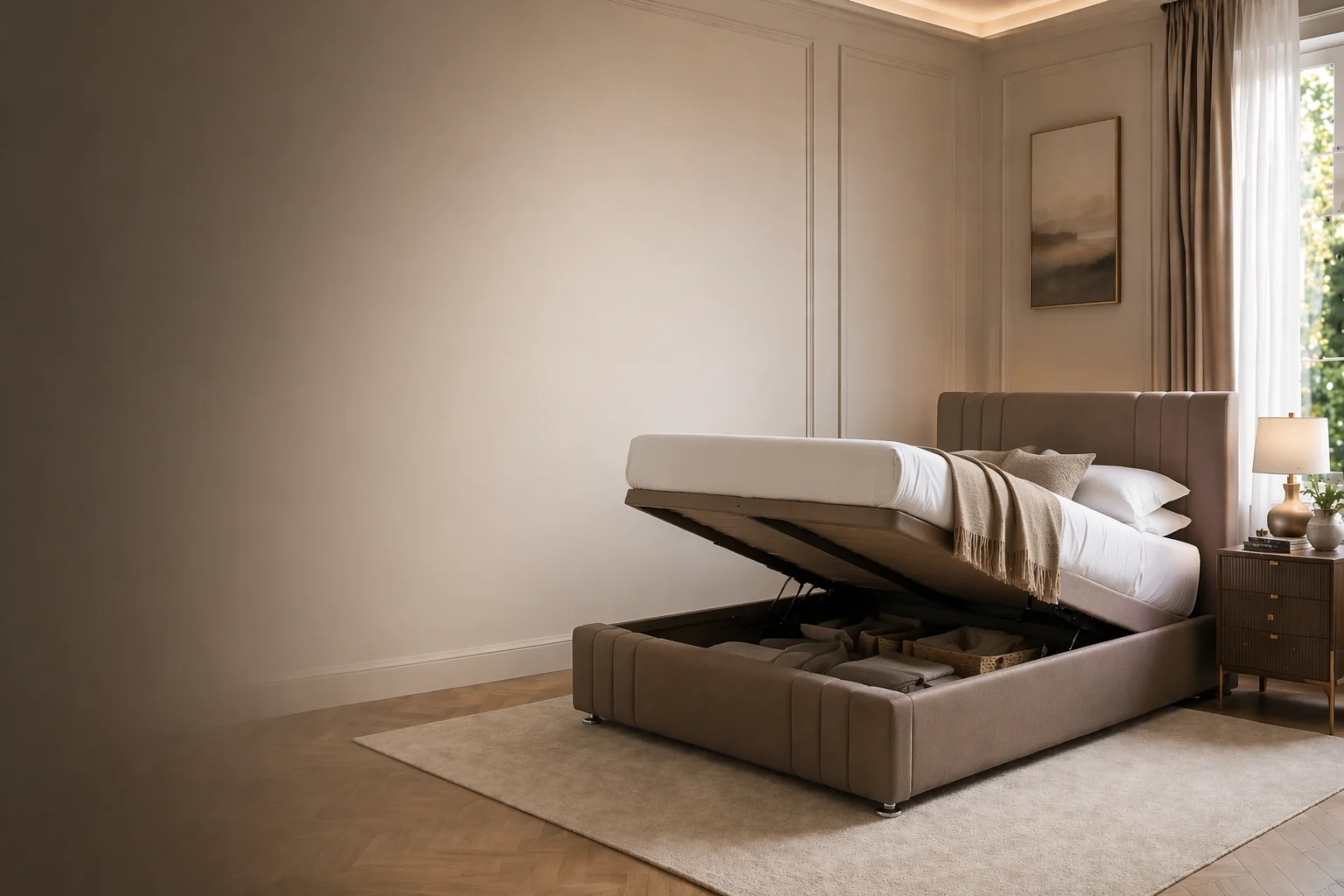 Ottoman storage bed with gas lift base and spacious underbed storage in a modern UK bedroom