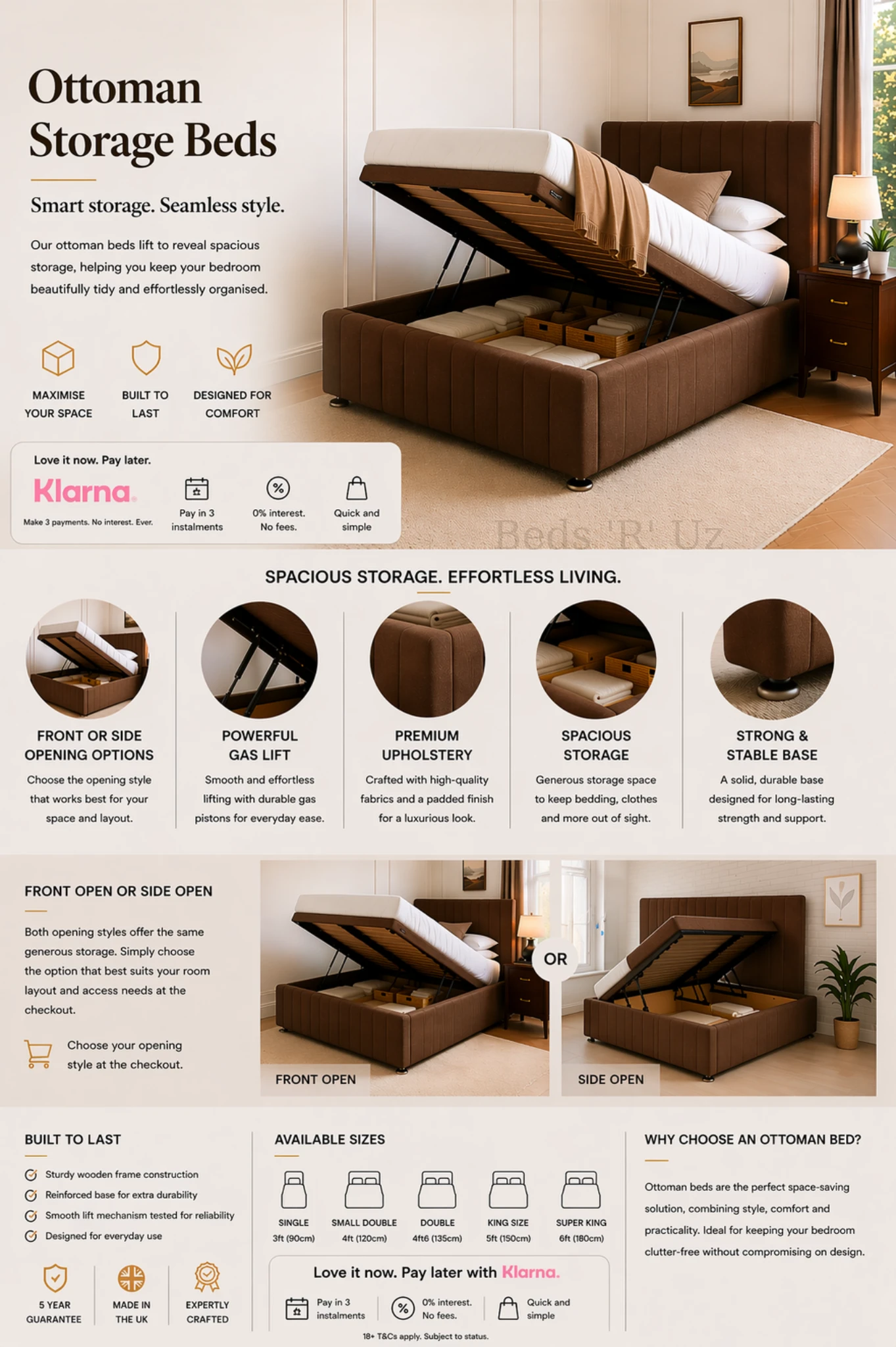 Ottoman storage bed infographic showing gas lift mechanism, internal storage space and ease of access