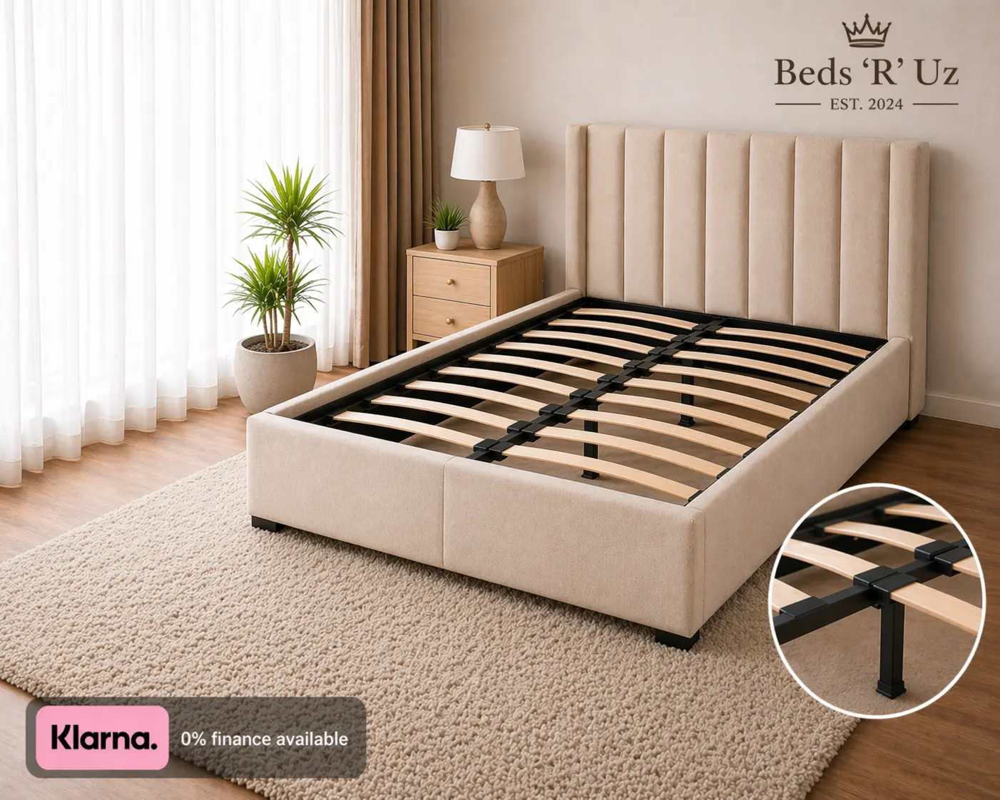 Chelsea upholstered bed frame with slatted base in stylish UK bedroom
