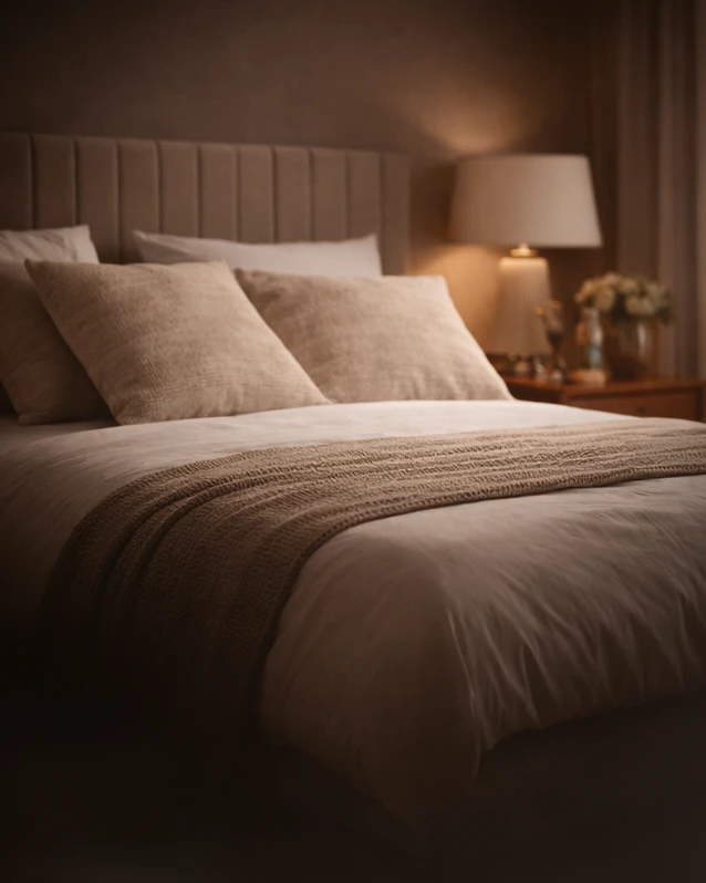 Luxury upholstered bed in a modern UK bedroom with soft neutral styling