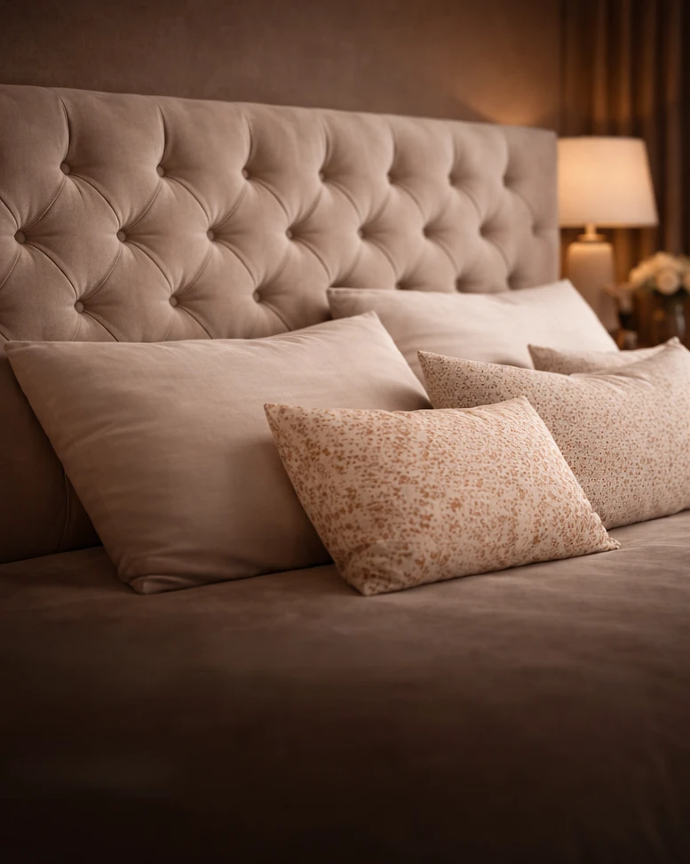 Luxury upholstered headboard in a modern UK bedroom with soft neutral tones