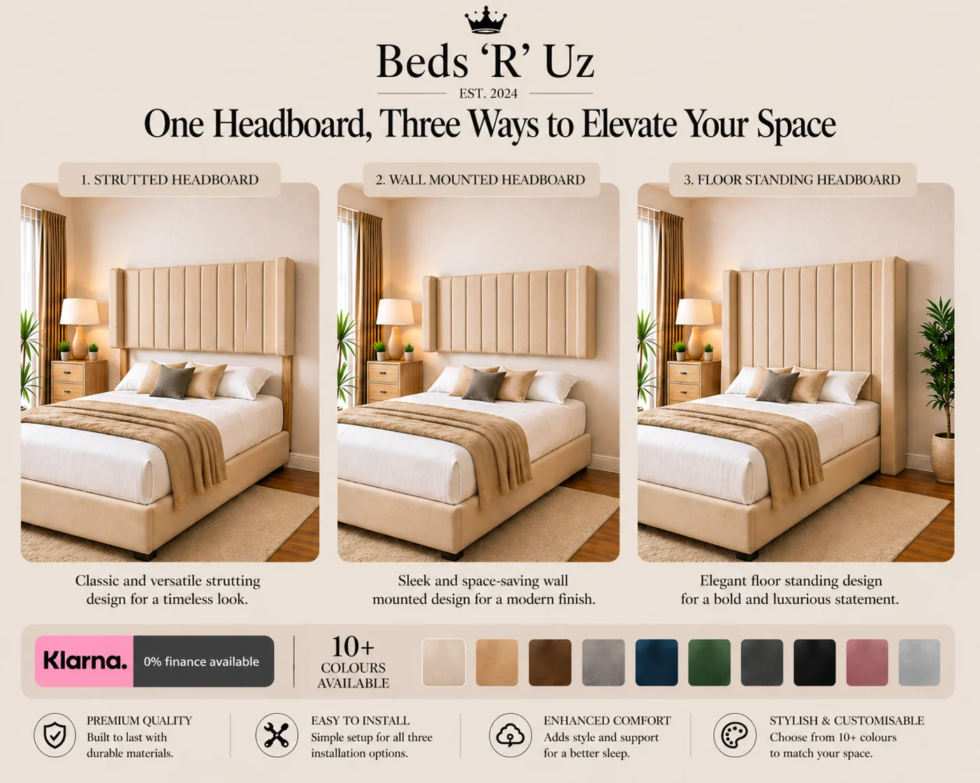 Chelsea wall mounted headboard with floating upholstered finish in modern UK bedroom