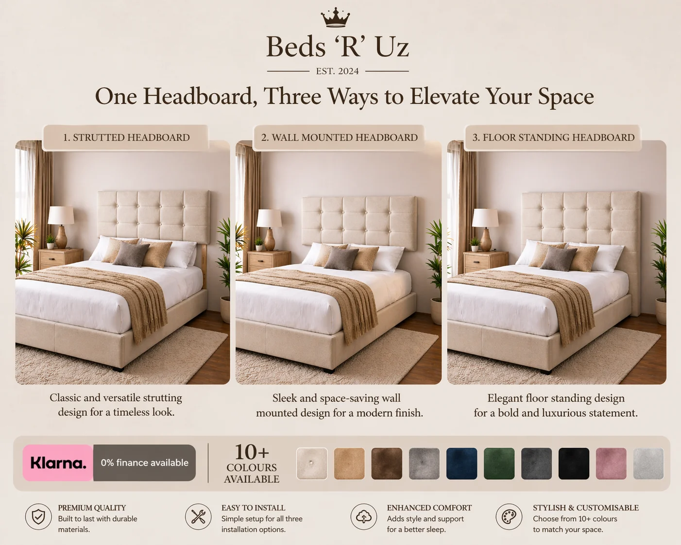 Devon floor standing headboard with full-height upholstered finish in modern UK bedroom