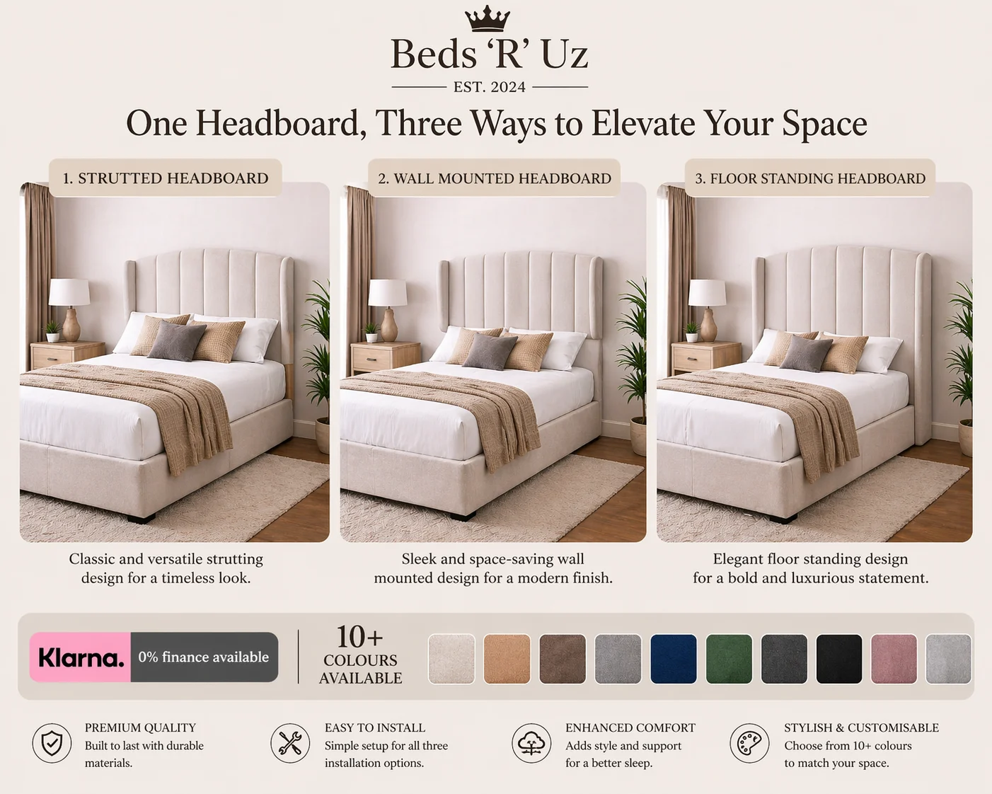 Hampton wall mounted headboard with floating upholstered finish in modern UK bedroom