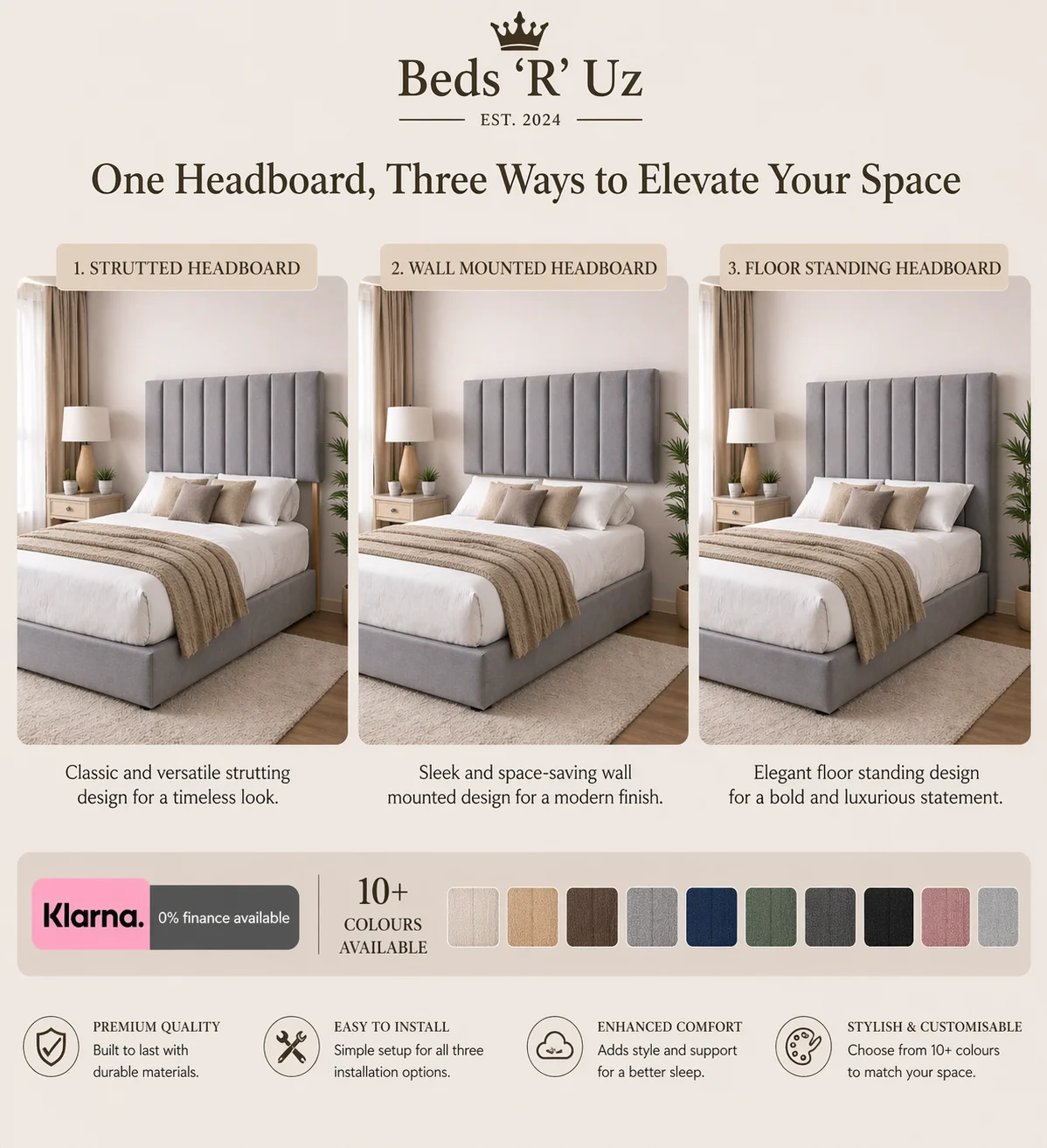 Kensington floor standing headboard with full-height upholstered finish in modern UK bedroom