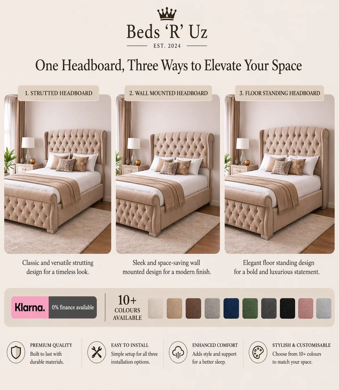 Mayfair strutted headboard with upholstered finish and easy bed-frame attachment in stylish UK bedroom