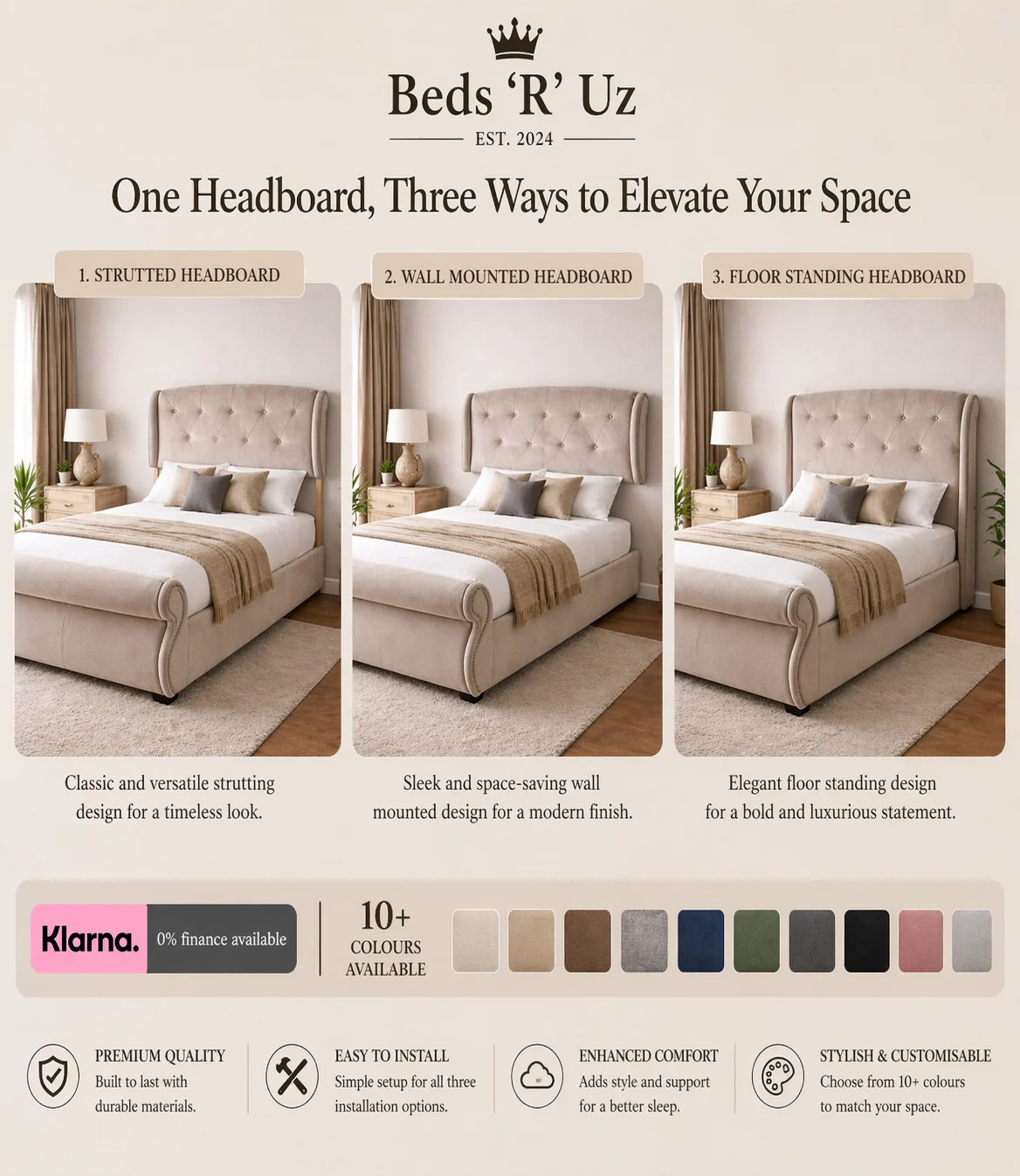 Oxford strutted headboard with upholstered finish and easy bed-frame attachment in stylish UK bedroom