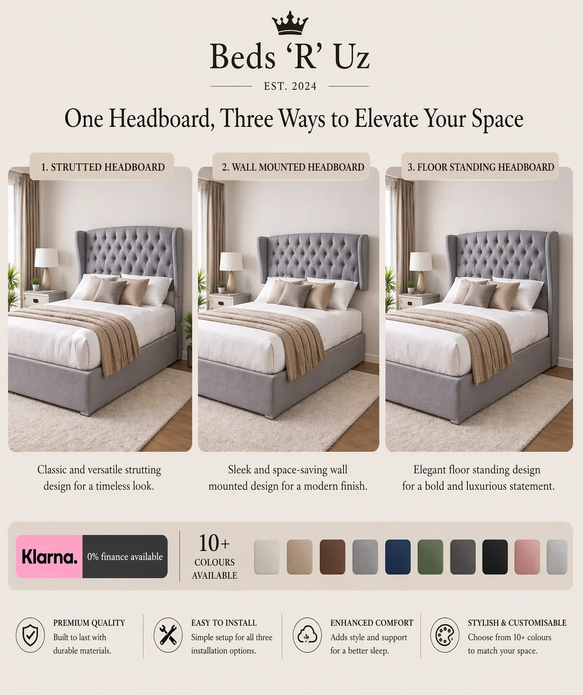 Richmond strutted headboard with upholstered finish and easy bed-frame attachment in stylish UK bedroom