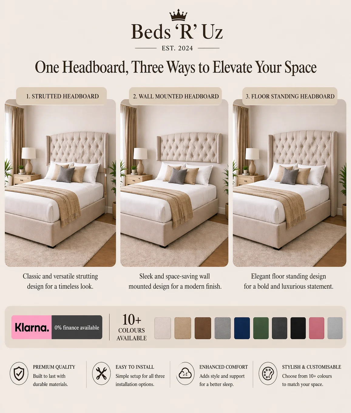 Windsor strutted headboard with upholstered finish and easy bed-frame attachment in stylish UK bedroom