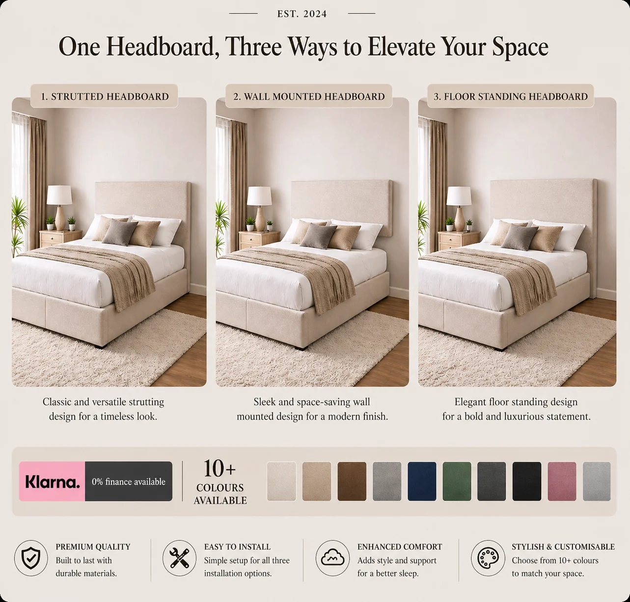 York wall mounted headboard with floating upholstered finish in modern UK bedroom