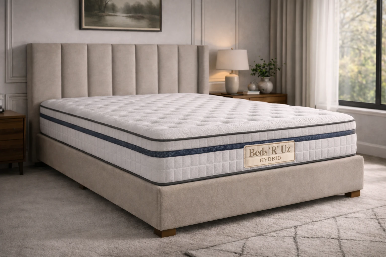 Hybrid mattress combining foam and springs in a modern UK bedroom with upholstered bed