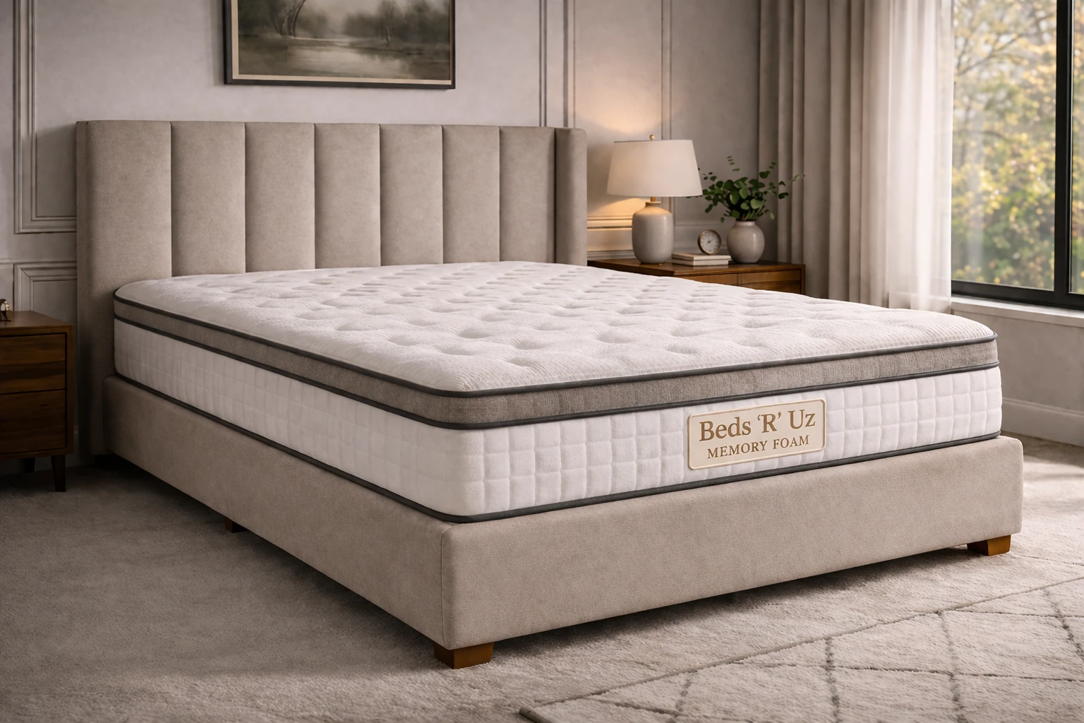 Memory foam mattress in a modern UK bedroom with upholstered bed and soft neutral styling